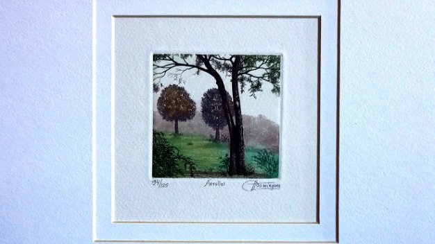 H. Dominguez Color lithograph with a landscape. Dimension is 6.5 by 6.5 inches and image dimension is 3.5 by 3.5 inches. Signed in...